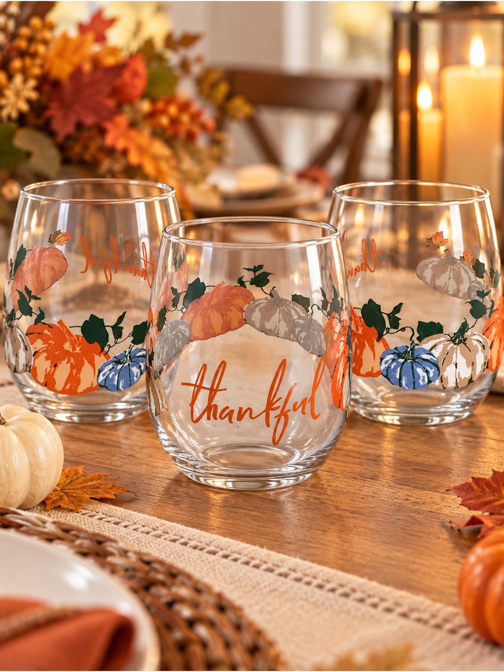 Fall Thankful Pumpkin Stemless Drinking Glasses Set of 3 Thanksgiving Harvest